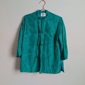 All Silk Dynasty Emerald Green Jacket/Blouse with Blue Lining